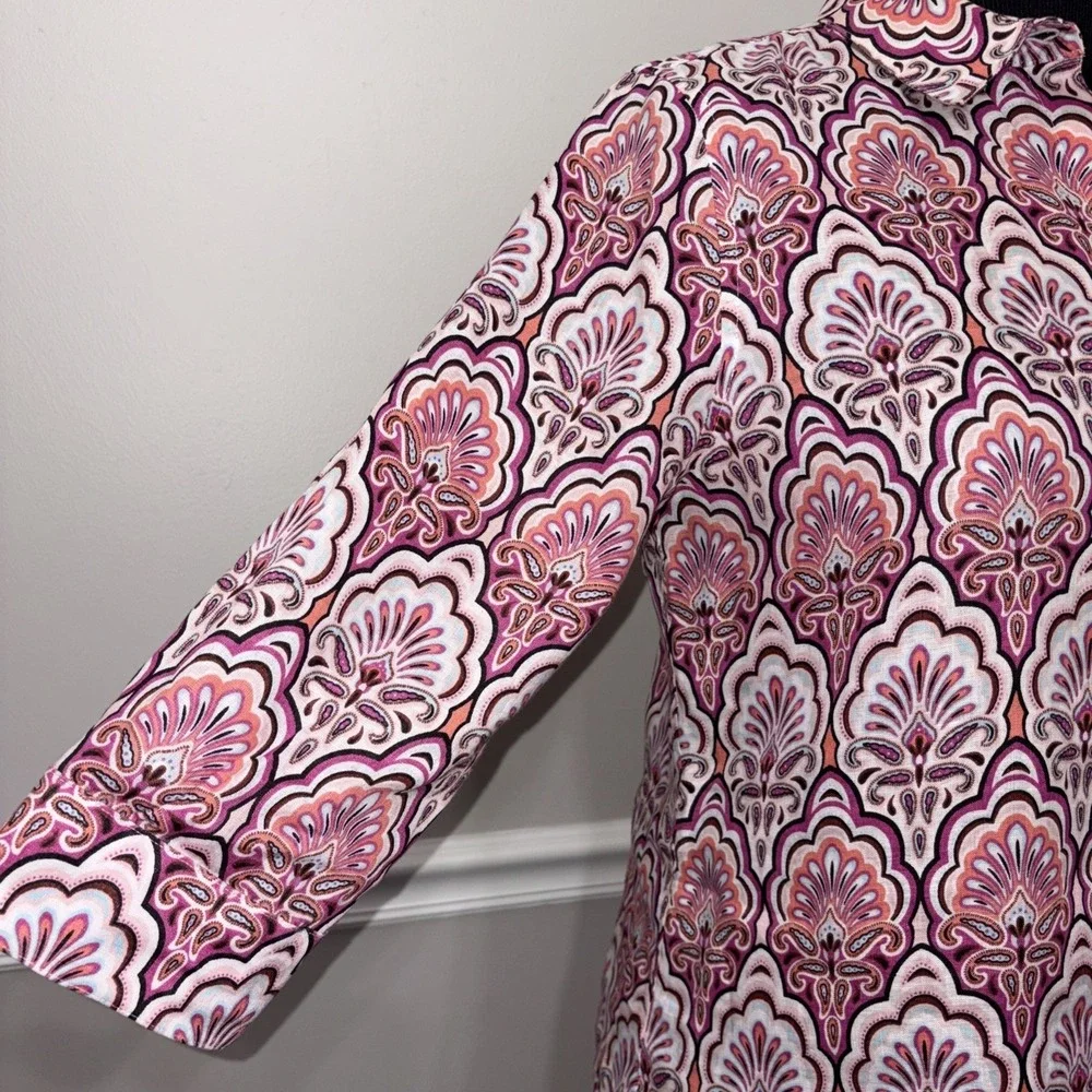 Chico's Top Womens Size 1 Pink‎ Linen No-Iron Paisley Button 3/4 Sleeve Career